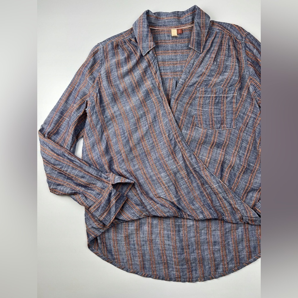 Pilcro Anthropologie denim like orange Striped Wrap clip Blouse xs lightweight
